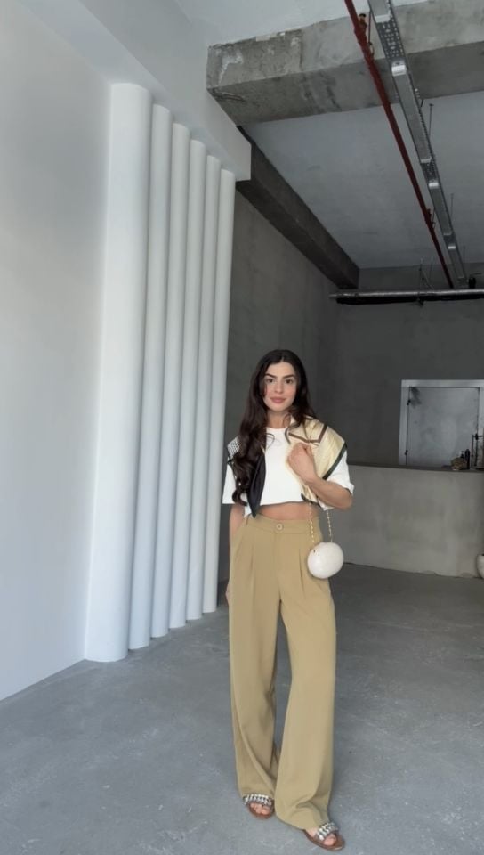 Yağ yeşili premıum arkası lastikli palazzo