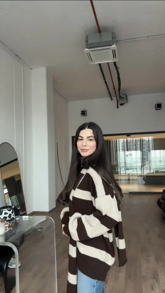 Atki detaylı kahve çizgili hırka