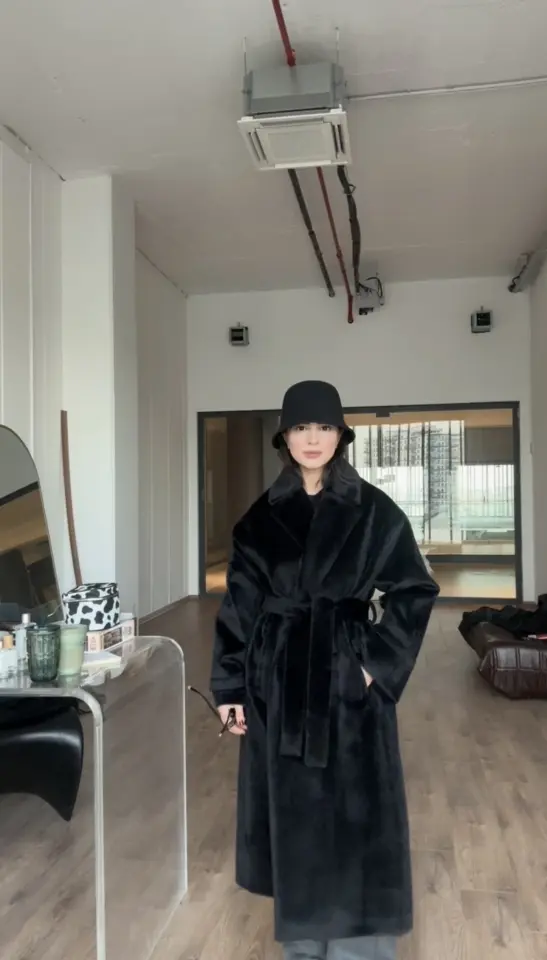 Premium kalite siyah tüylü Maxi boy kaban