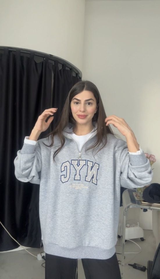 Premium kalite nakışlı gri sweat