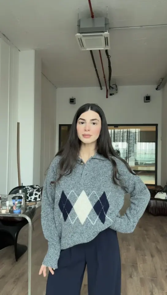 Polo yaka gri baklava desenli kazak