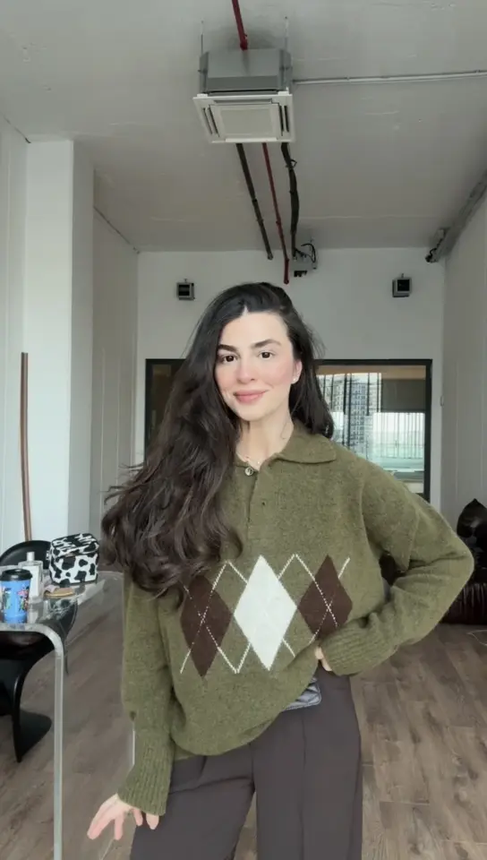 Polo yaka haki baklava desenli kazak