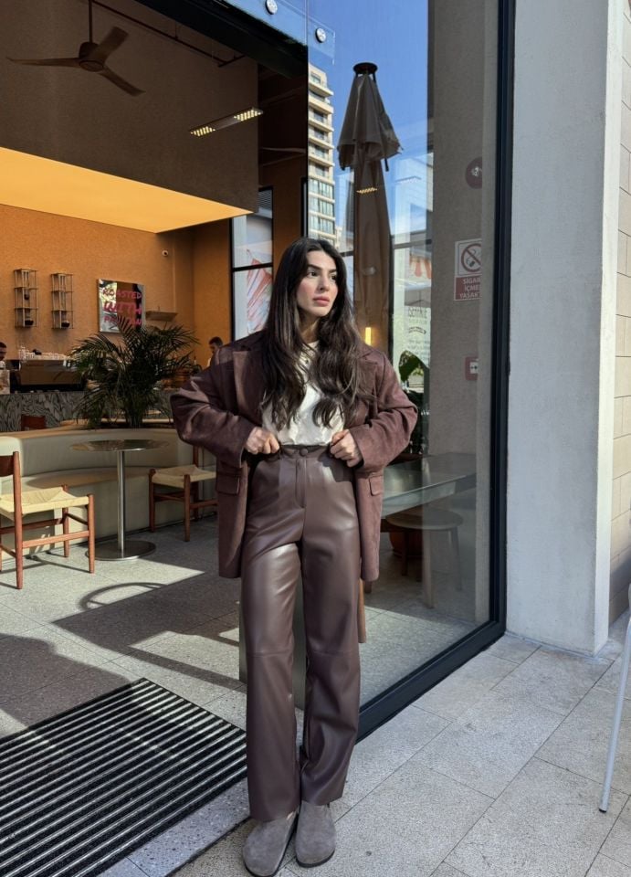 Premium kalite acı kahve deri pantolon