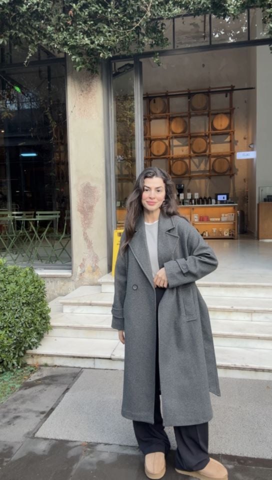 İçi astarlı premıum antrasit kuşaklı kaşe kaban