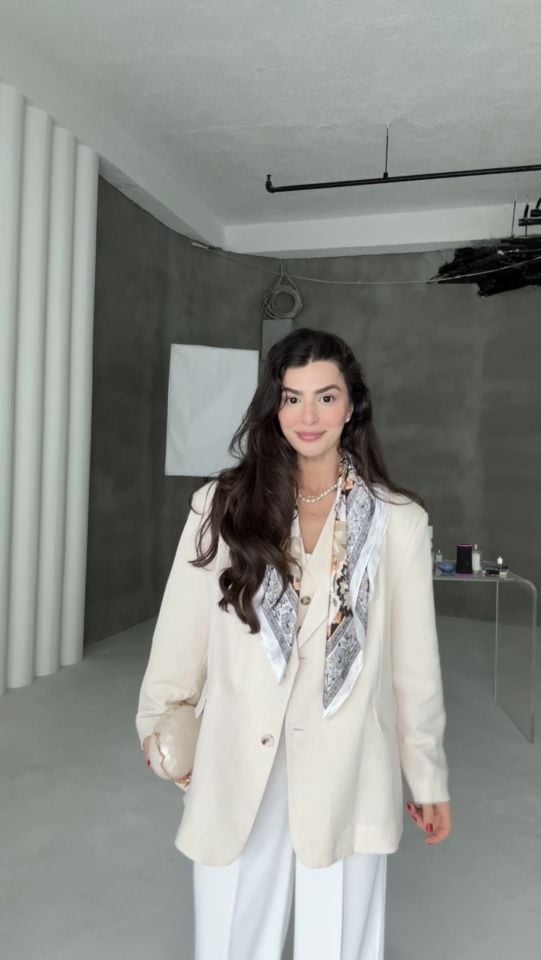 Naturel keten içi astarlı oversize blazer