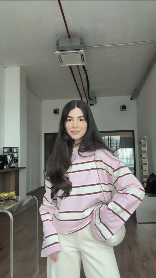 Pembe kırmızı çizgili oversize basic