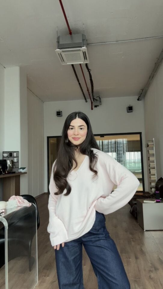 Mango toz pembe v yaka ince triko