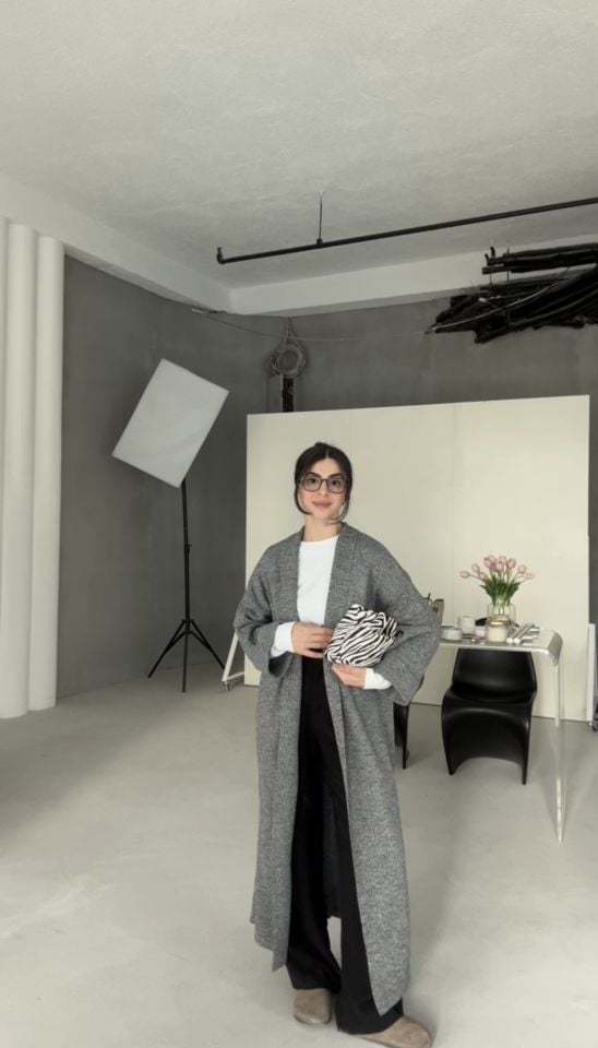 Maxi boy karışımlı gri tonlu trend hırka