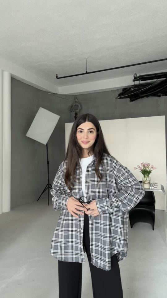 Gri siyah kareli oversize gömlek