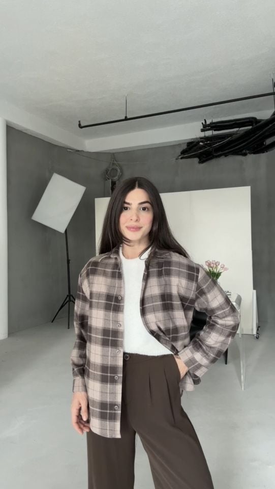 Kahve vizon büyük kareli gömlek
