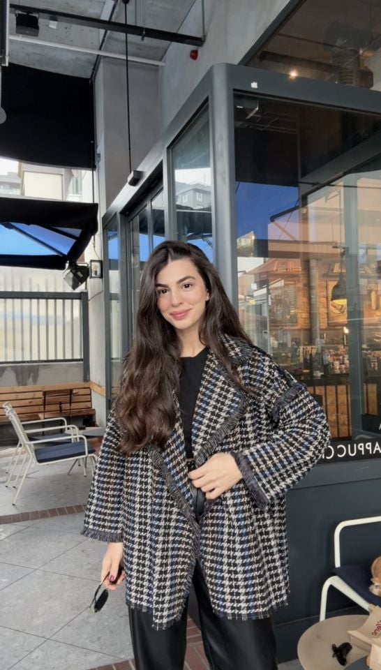 Kaz ayağı desenli püsküllü ceket