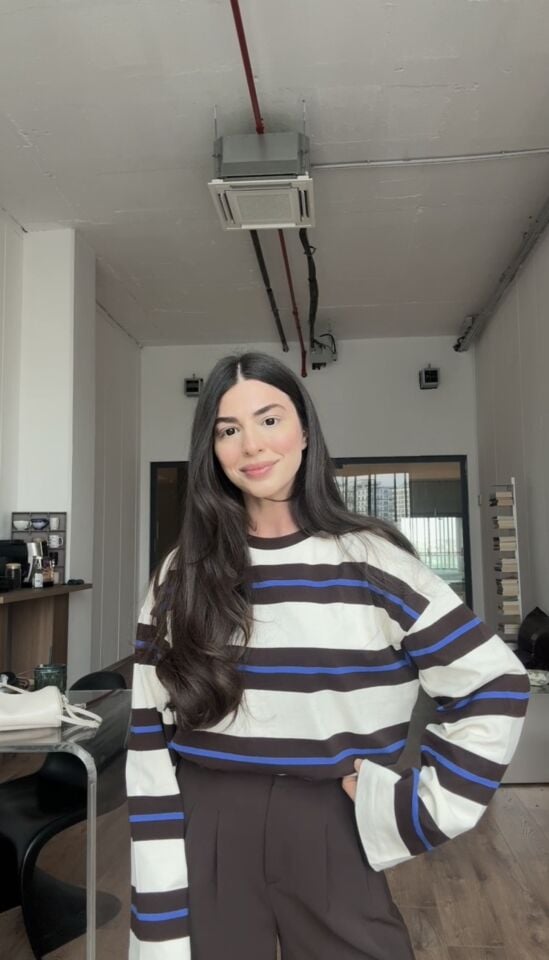 Orjinal marka Kahve mavi çizgili tok bluz