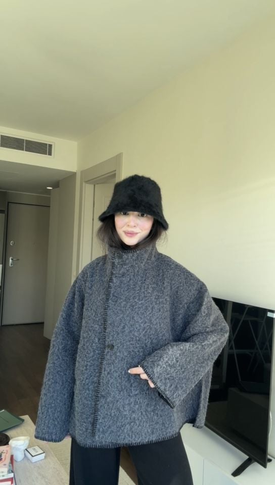 Antrasit fırçalı dik yaka panço