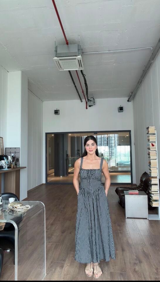 Boydan çizgili korse detaylı elbise