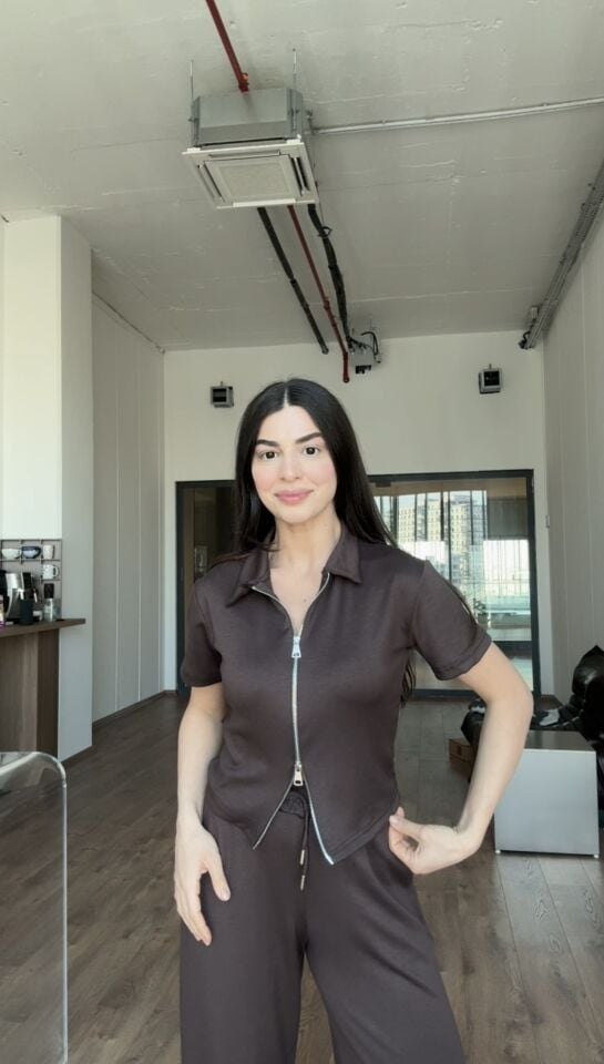 Çift fermuarlı kahverengi eşofman takımı