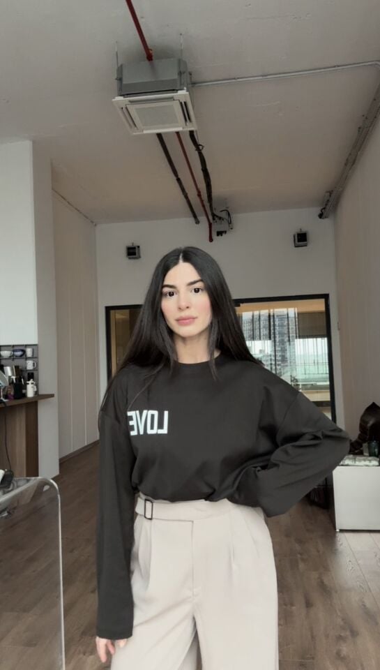 Kahve love detaylı pamuklu basic