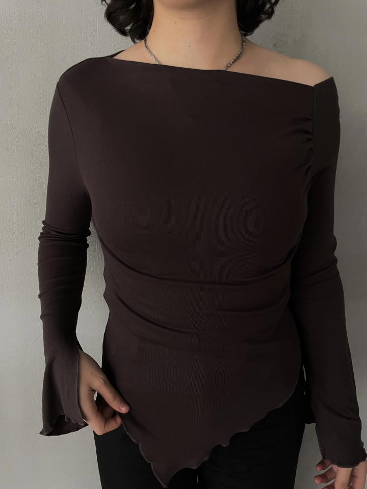 acı kahve düşük omuz asimetrik kesim bluz