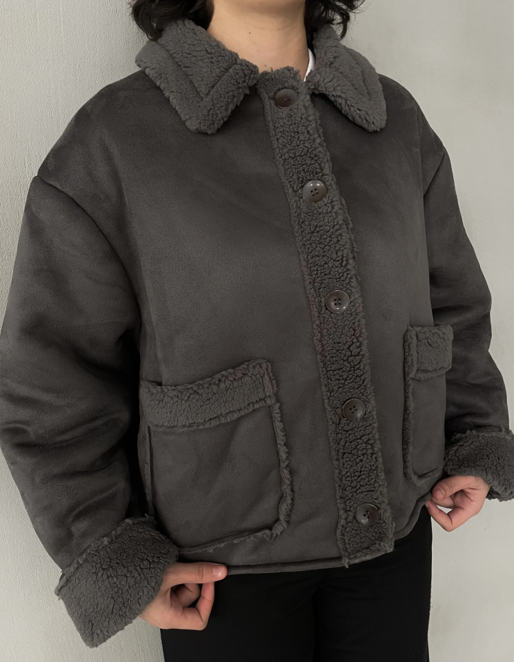 Antrasit gri içi kürklü çift cepli mont