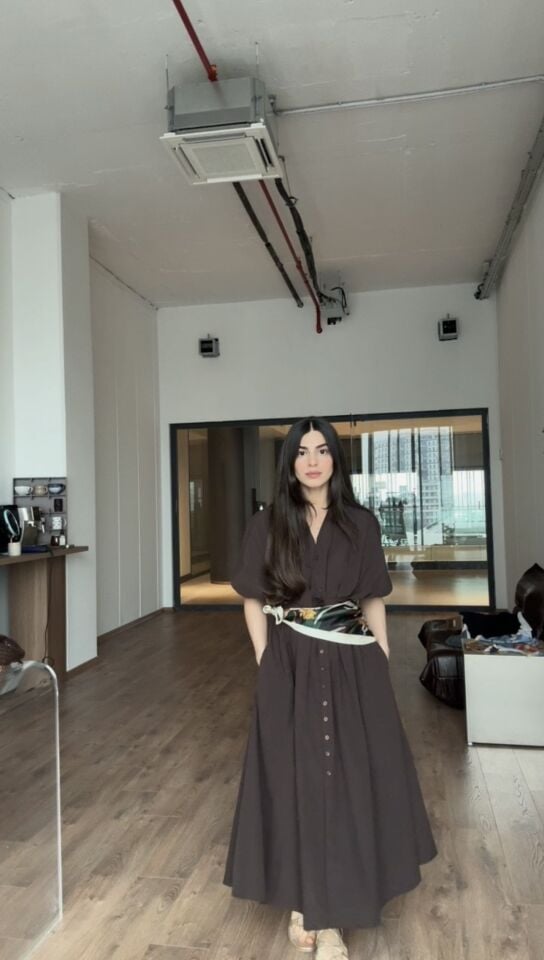 Acı kahve prenses düğmeli elbise