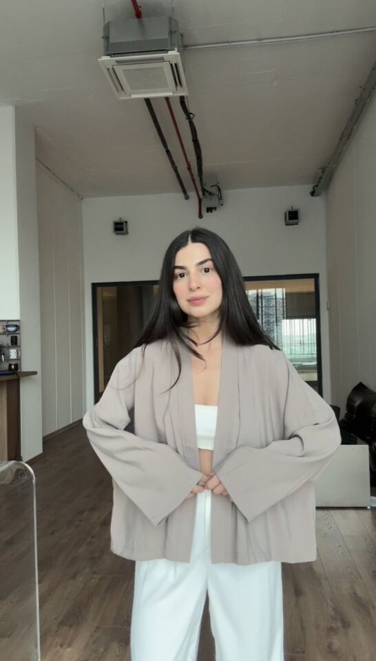 Taş rengi tensel kumaş kimono