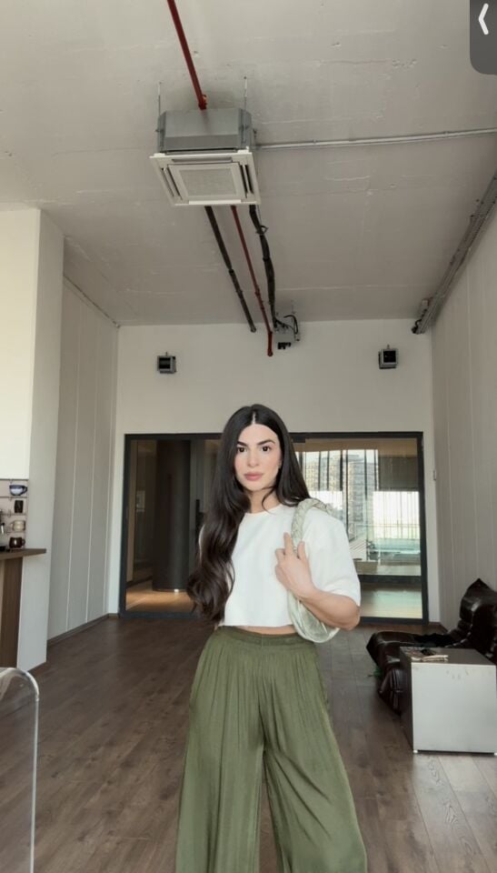 Haki ipek saten floş pantolon