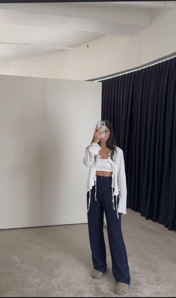 Tek düğmeli lacivert palazzo pantolon