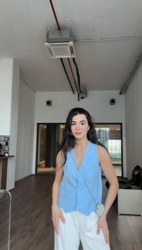 Keten astarlı mavi yelek