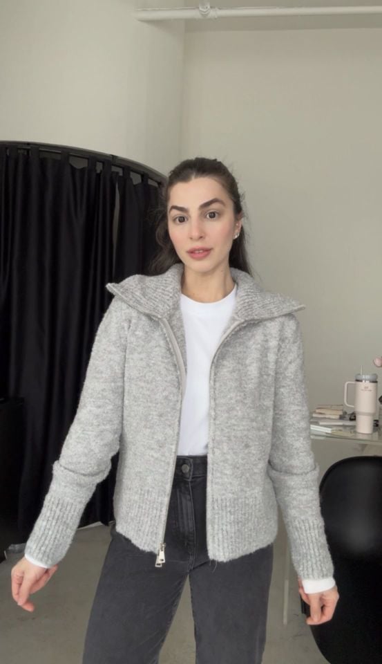 Çift fermuarlı gri hırka kazak