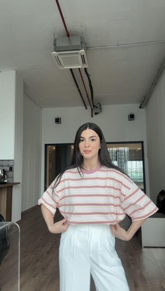 Orjinal marka oversize pembe çizgili basic
