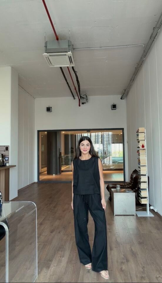 Siyah ham keten ikili takım
