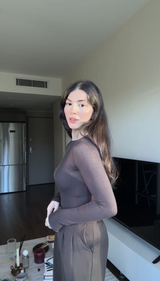 Dilvin transparan kaşmir karışımlı kahve bluz