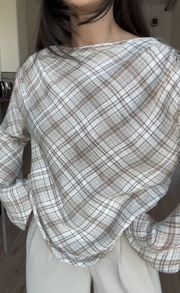 Volan kollu vizon kareli tasarım bluz