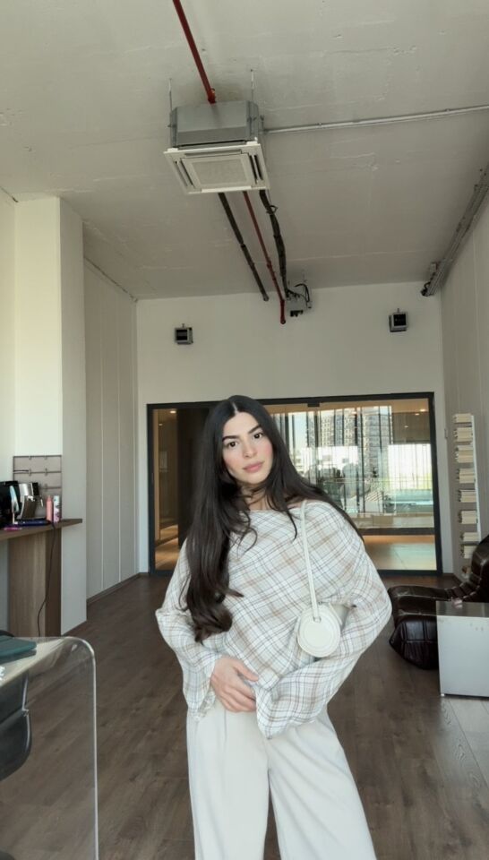 Volan kollu vizon kareli tasarım bluz