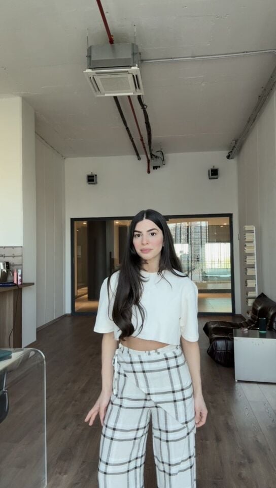 Kahve çizgili fularlı beli lastikli pantolon