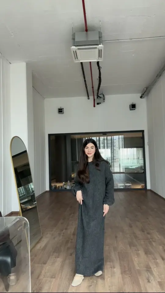 Bisiklet yaka tok triko gri Maxi boy elbise