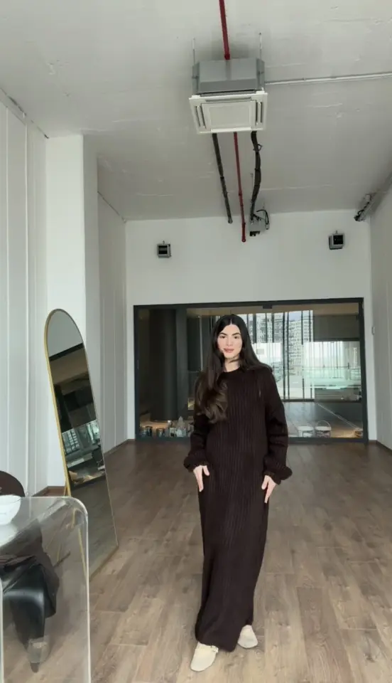 Bisiklet yaka tok triko kahverengi elbise