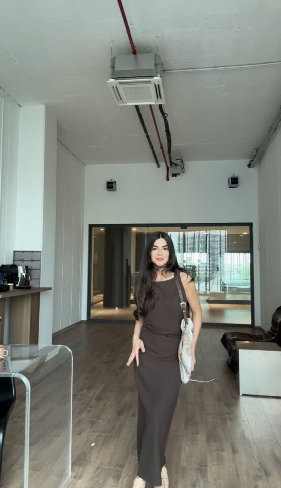 Drape detaylı acı kahve keten premium elbise