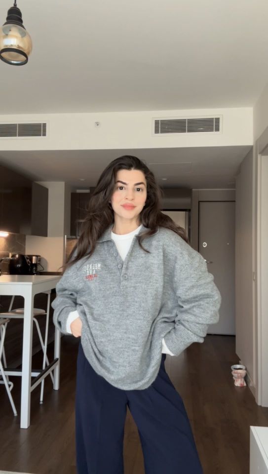 Yaka düğmeli orjinal marka gri triko