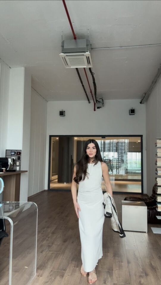 Drape detaylı ham keten premium elbise
