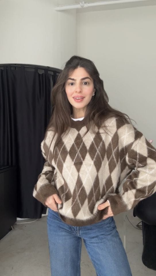 Şardonlu yün tok dokulu kahve tonlu kazak